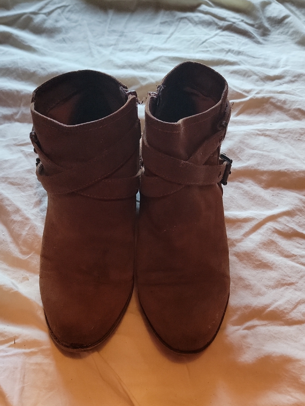 Women's Brown Suede Ankle Booties with Buckle Strap
